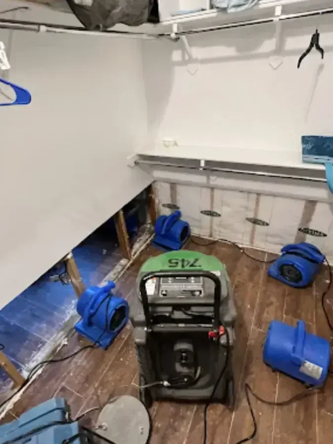 Flood-cut walls with air movers and a dehumidifier drying a room