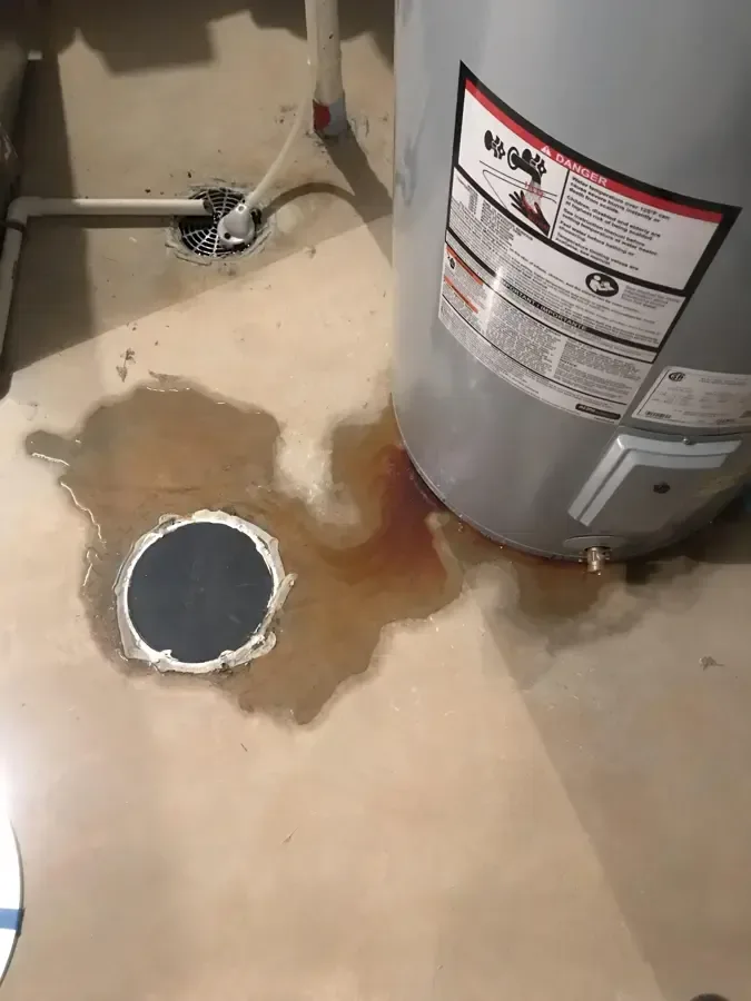 Water pooled around the base of a water heater and a floor drain