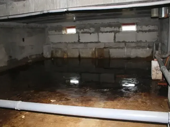 Standing water covers a concrete block basement floor beneath exposed pipes