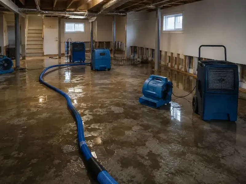 A flooded basement being pumped out in a home