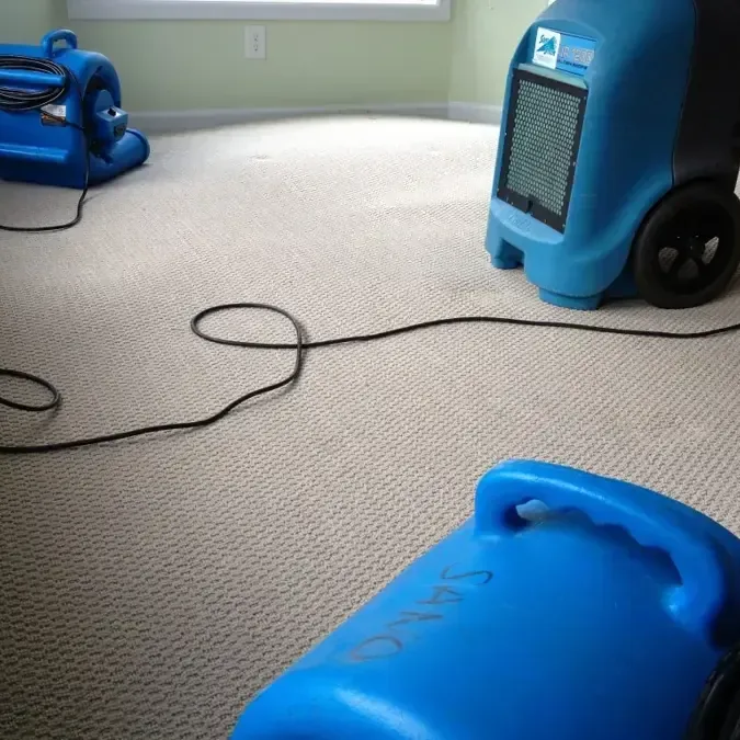 Blue air movers and a dehumidifier sit on carpeting beneath a window
