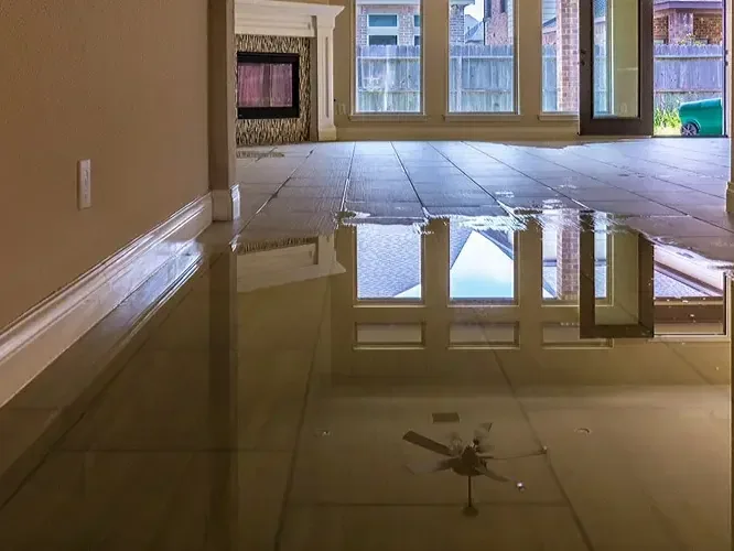 Standing water reflects windows and a ceiling fan across a tiled living room floor