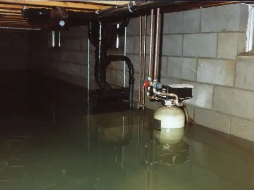 Deep standing water surrounds equipment and pipes inside a basement with concrete block walls