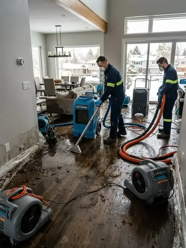 Two technicians use extraction hoses and a floor wand on a wet wood floor